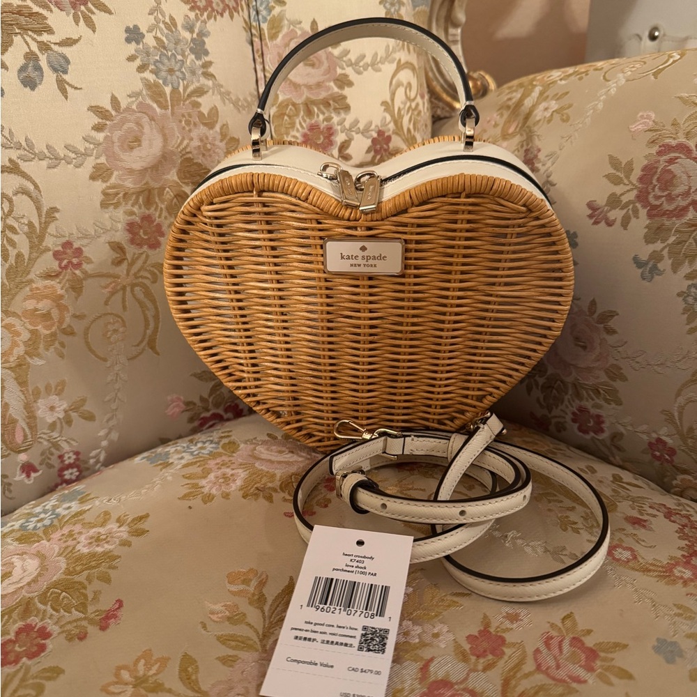 Kate Spade Heart-Shaped Wicker Crossbody Bag - Tan and Cream